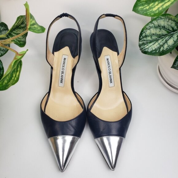 Manolo Blahnik Navy Blue with Silver sz 39.5 8.5 9 - Picture 2 of 10